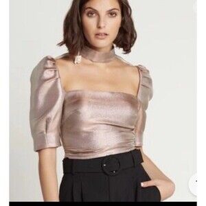 NWT CHOOSY pink metallic sparkly neck strap Puff Sleeves crop top Size 0